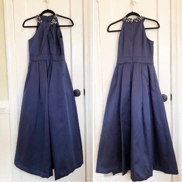 Eliza J Navy Satin Beaded Neckline Evening Gown - Picture 2 of 9